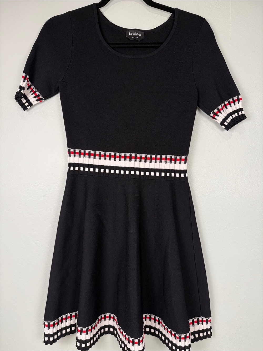 Bebe Black Knit Mini Dress Red White Striped Trim Waist Size Small